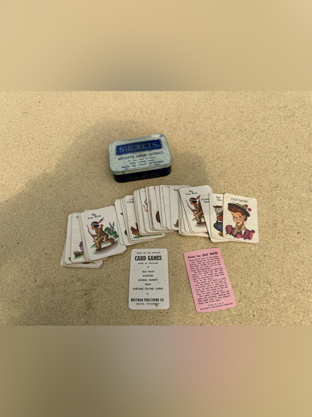 1950’s  Whitman Old Maid Cards & Sucrets Tin